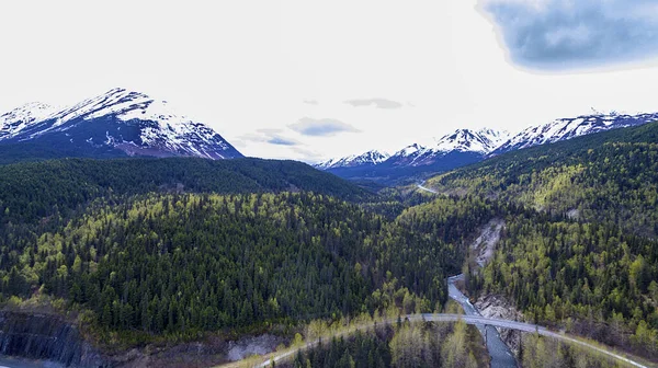 Een Antenne Uitzicht Besneeuwde Bergen Bedekt Met Bossen Een Bewolkte — Stockfoto