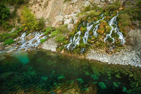 Красивый Снимок Растений Снегом Скалистой Скале Зеленой Водой Иона Солнечный — стоковое фото