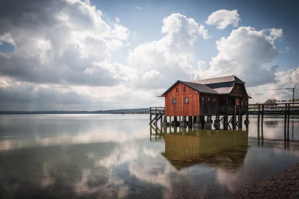 Old Boathouse Lake Ammersee Bavaria Germany Cloudy Sky — Stock Photo, Image