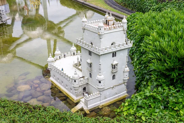 A model of the Belem Tower in a park of miniature landmarks in Brussels, Belgium, Europe