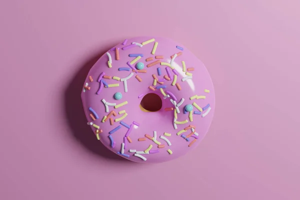 A 3D rendering of a doughnut with colorful sprinkles on a pink background