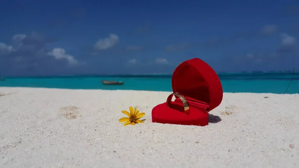 Una Scatola Velluto Rosso Anello Una Spiaggia Sabbia — Foto Stock