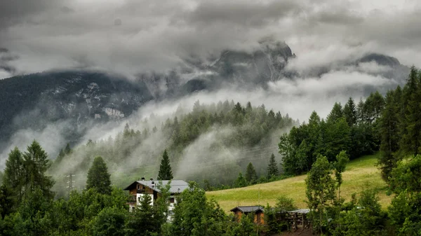 Eine Malerische Aufnahme Von Dörflichen Holzhütten Umgeben Von Wäldern Auf — Stockfoto