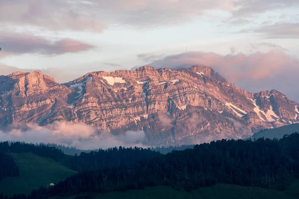 Une Vue Panoramique Sur Chaîne Montagnes Alpstein Coucher Soleil — Photo