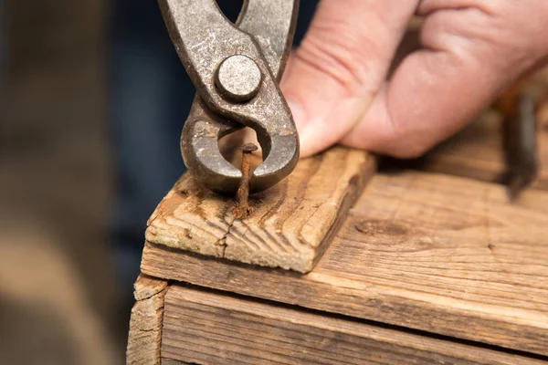 Closeup Shot Nail Removing Wood Pliers — Stock Photo, Image