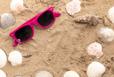Plajda deniz kabukları olan pembe güneş gözlükleri.