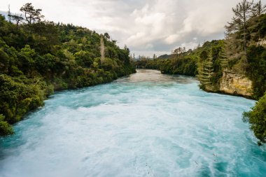 Huka Şelalesinin Yeni Zelanda 'daki ağaçlarla çevrili güzel bir manzarası.