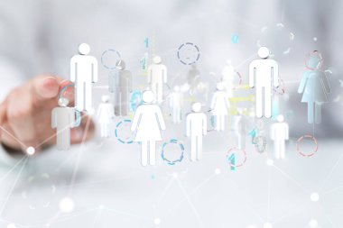 Birbirine bağlı noktalardan oluşan bir ağın hologramını kullanan profesyonel bir adam - ağ, iş konsepti