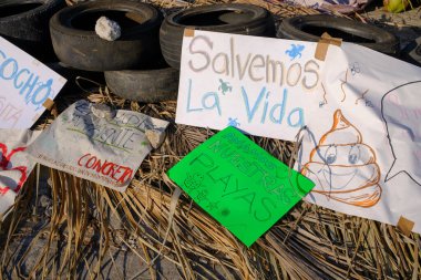 Sahildeki mega projeye karşı bir gösteri. Doğayı kurtarın, sahili kurtarın, burası kaplumbağaların yumurtalarını bıraktıkları yer..