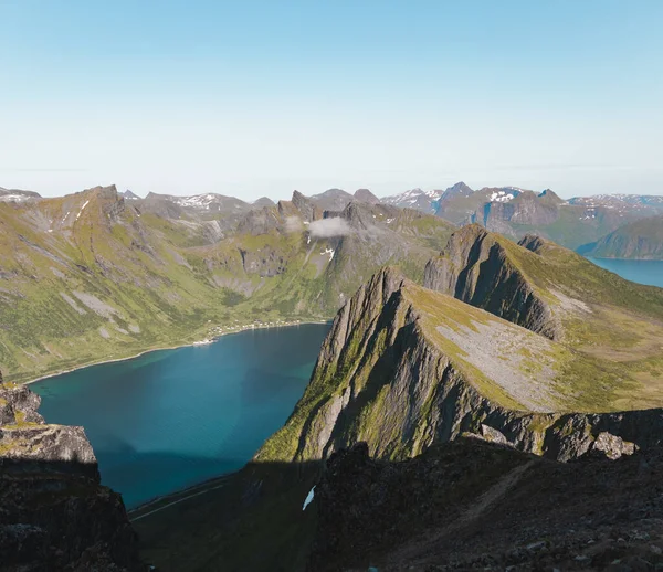 A scenic view of coastal mountains in Senja, Norway