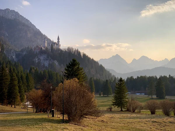 Panoramic View Neuschwanstein Castle Surrounded Trees Hills — Stock Photo, Image