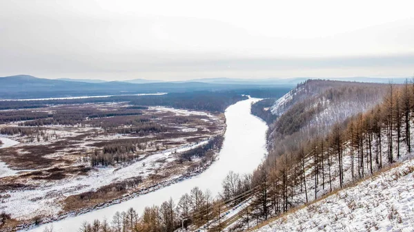 Bird Eye View Snowy Valley Forest Frozen River — Stock Photo, Image