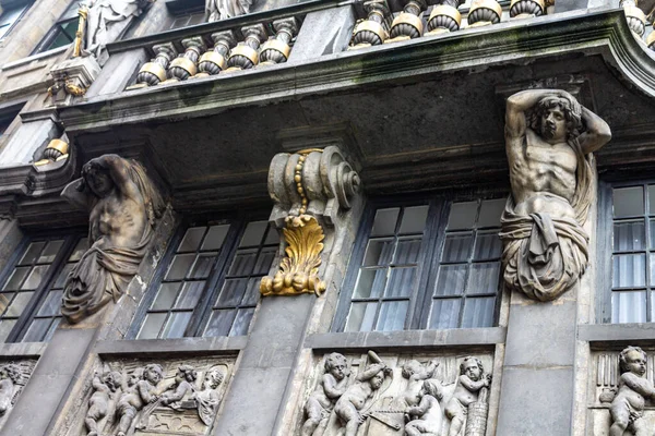 Szczegóły Fasady Sal Gildii Grand Place Zabytkowych Budynków Bruksela Belgia — Zdjęcie stockowe