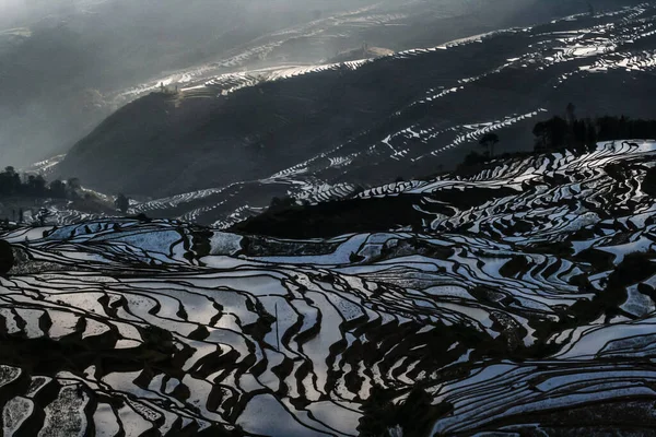 Eine Vogelperspektive Auf Terrassenförmig Angelegtes Feld Und Schneebedeckte Berge Einem — Stockfoto