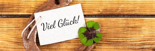 Horseshoe Shamrock Text Wishing Good Luck Patrick Day Wooden Background — Stock Photo, Image