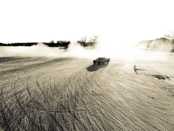 Aerial Shot Brown Sportcar Drifting Ice Snow — Stock Photo, Image