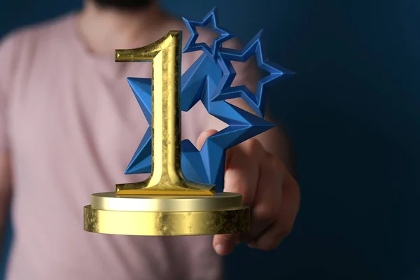 A person presenting a one year anniversary or first place trophy