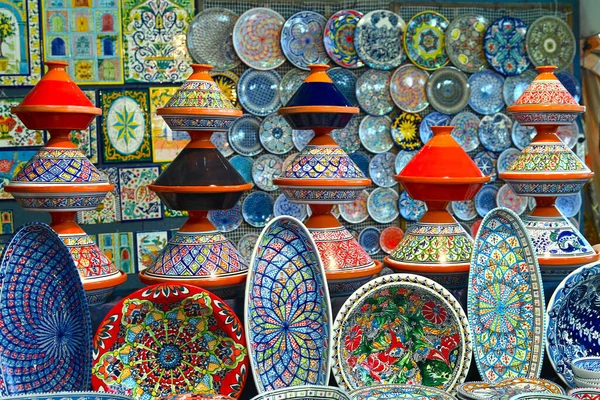Ceramica Tradițională Marocană Ustensile Bucătărie Expuse Vânzare Pentru Turiști — Fotografie, imagine de stoc