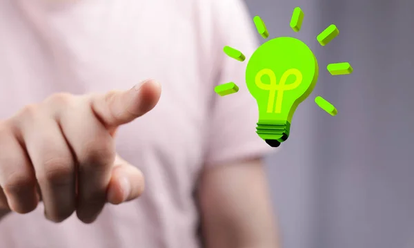 Hombre Tocando Holograma Una Bombilla Verde Concepto Energía Renovable — Foto de Stock