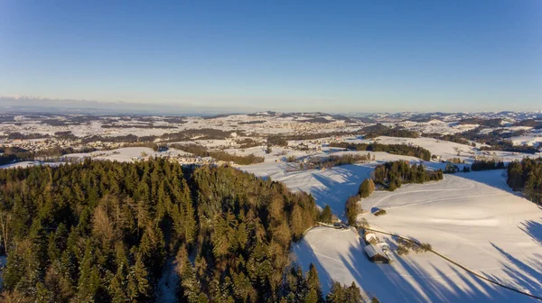 Una Vista Aérea Paisaje Nevado Con Pinos Verdes Día Soleado —  Fotos de Stock