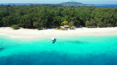 Kumlu adanın yanında ağaçlı bir teknenin havadan görüntüsü.