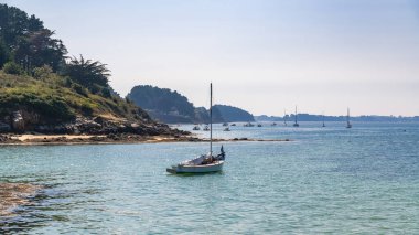 Brittany, Morbihan Körfezi 'ndeki Ile aux Moines adası. Yazın güzel bir sahil.