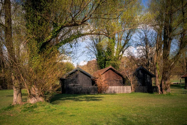 Una Hermosa Vista Casas Madera Árboles Musgosos Primavera —  Fotos de Stock