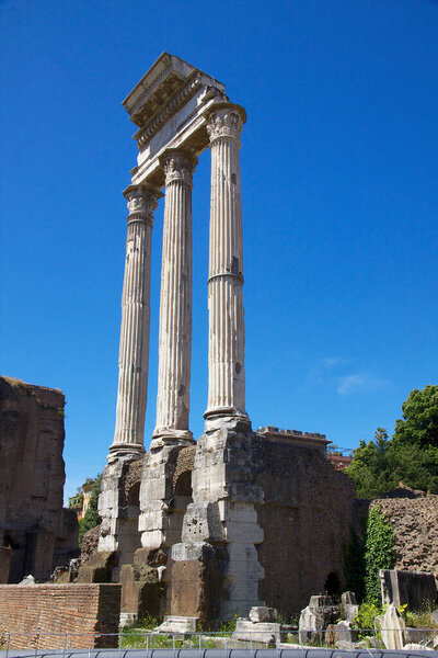 A vertical of the ruins of Tempio di Saturno surrounded by greenery in Rome, Italy
