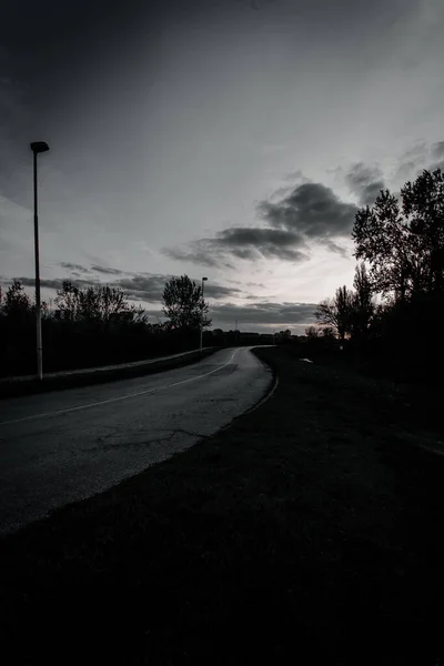 Vertikální Černobílý Záběr Silnici Venkovské Oblasti Zamračeném Pozadí Oblohy — Stock fotografie