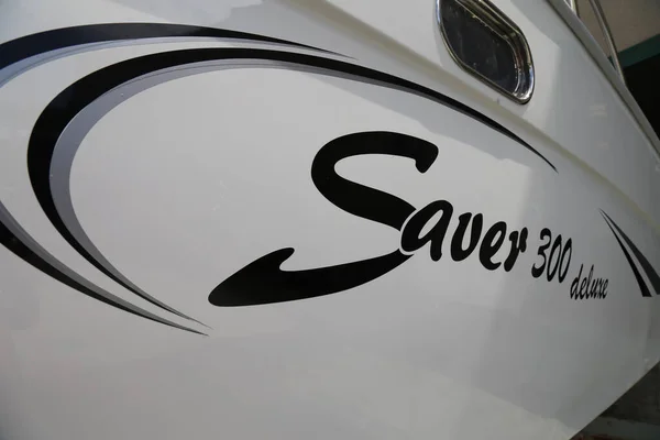 Closeup Shot Hull Saver 300 Logo Boat — Stock Photo, Image