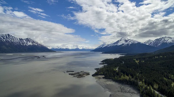 Aerial View Snowy Mountain Range Covered Clouds Lake Hope Alaska — Stock Photo, Image