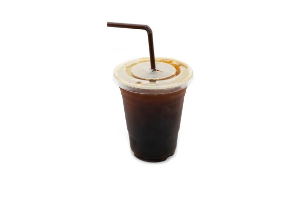 Closeup Shot Transparent Plastic Cup Iced Coffee Straw White Background — Stock Photo, Image