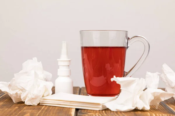 Closeup Cup Tea Nasal Spray Handkerchiefs Illness — Stock Photo, Image