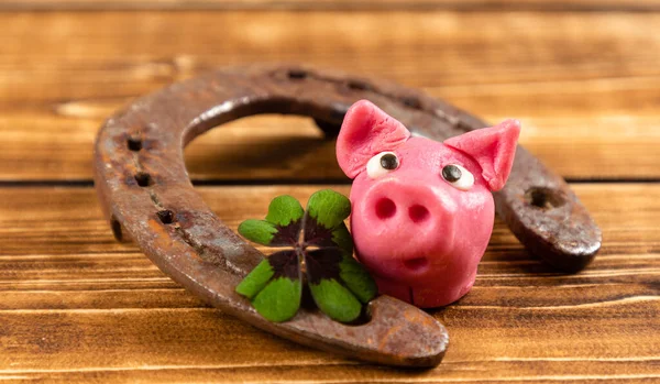 Closeup Horseshoe Green Shamrock Lucky Pig Luck Wooden Background — Stock Photo, Image