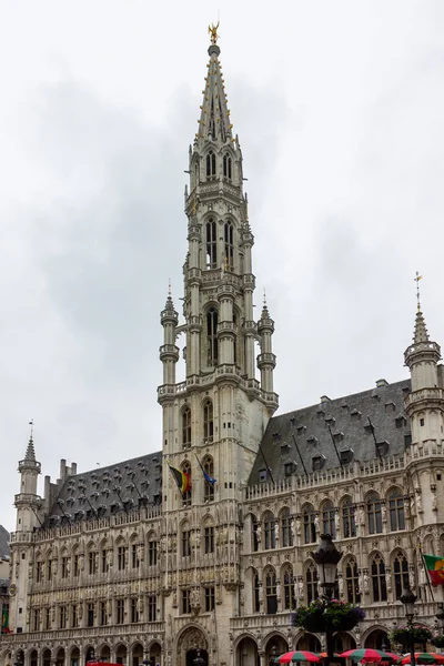 Pionowy Strzał Brukselskiego Ratusza Budowa Przeciw Jasnoszarym Niebem — Zdjęcie stockowe