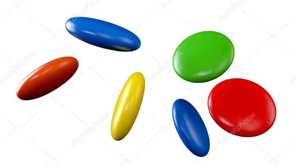 A 3D illustration of bright, colorful glazed chocolate candy gems isolated on a white background