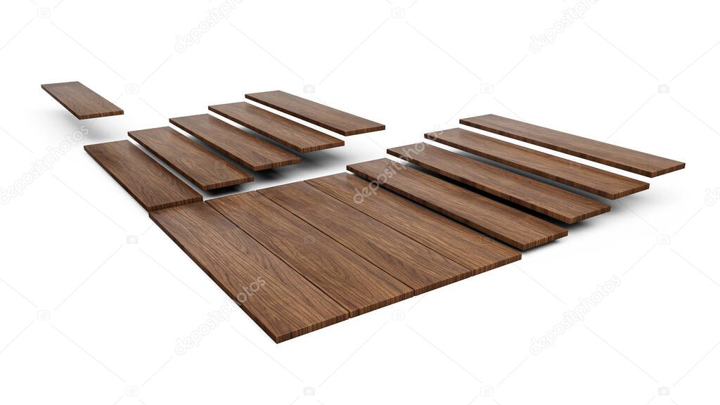 A 3d illustration of a Set of pieces of different floor coating. Parquet isolated on white background