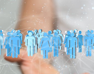 Masaüstü 3D üzerinde uçan beyaz ve mavi grup arka planda bulanık bir insan eliyle görüntüleme