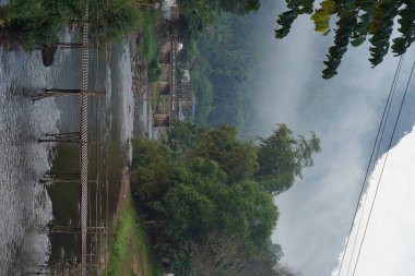 Sisli havada ağaçlarla çevrili nehir üzerinde yürüyen bir köprünün dikey görüntüsü..