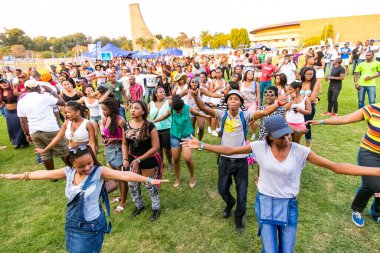 Johannesburg 'daki açık hava müzik festivalinde eğlenen farklı gençlerin manzarası