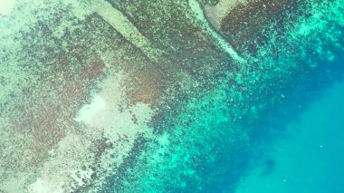 Maldivler 'deki güzel turkuaz okyanusun havadan görünüşü.