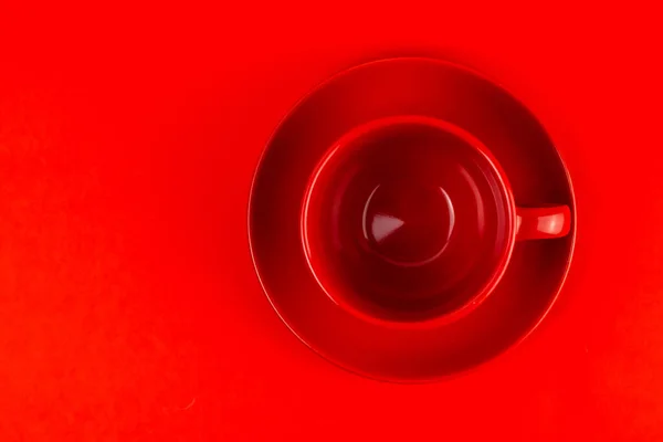 Top View Red Mug Blue Saucer Red Background — Stock Photo, Image