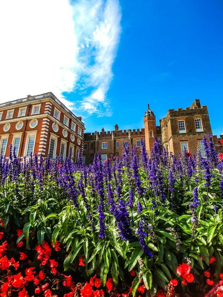 Hampton Sarayı Nın Baharda Bahçelerin Düşük Açı Çekimi — Stok fotoğraf