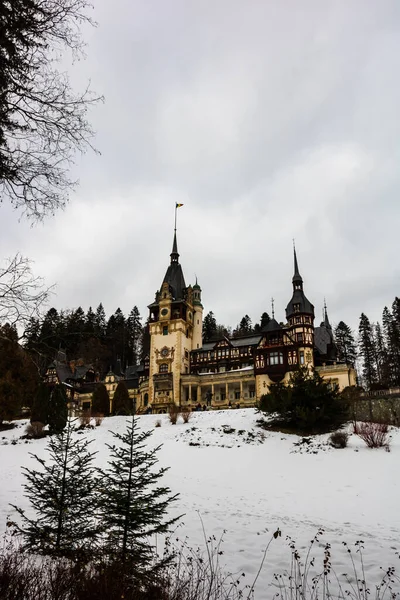 Uno Scatto Verticale Del Bellissimo Castello Peles Inverno Sinaia Romania — Foto Stock