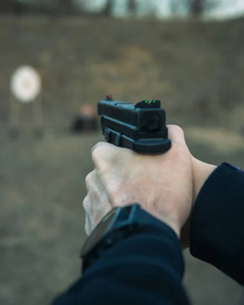 Vertical Shallow Focus Male Hands Holding Handgun Shooting — Stock Photo, Image