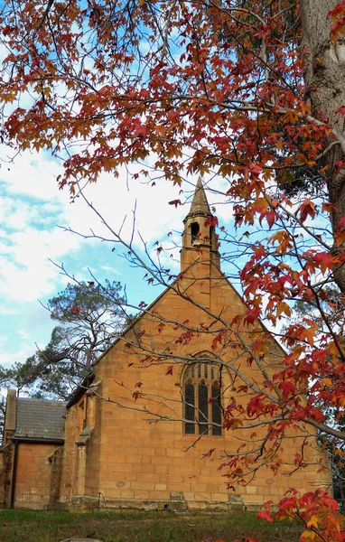 Vertical Shot Holy Trinity Anglican Church Red Leaves Berrima Southern — Stock Photo, Image