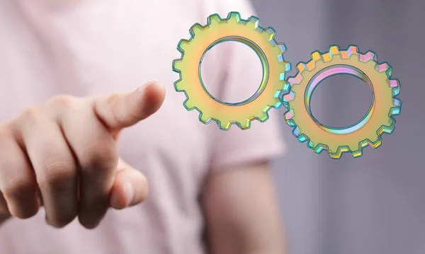 Person Presenting Virtual Projection Two Gears — Stock Photo, Image