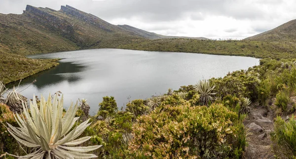 Bulutlu gökyüzü altında And Buzulu Siecha Gölleri 'nin (Lagunas de Siecha) panoramik bir görüntüsü, Kolombiya' nın Cundinamarca kentindeki Chingaza Doğal Parkı