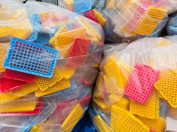 Tiro Close Resíduos Plástico Polipropileno Colorido — Fotografia de Stock