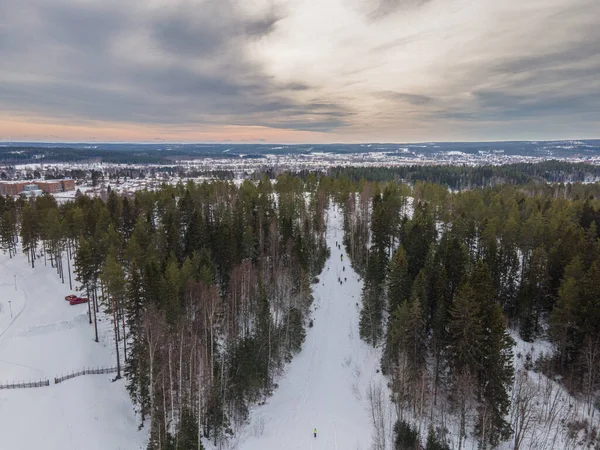 눈덮인 리조트에 집들의 전반적 풍경은 나무들로 둘러싸여 있으며 스웨덴 촬영됐다 — 스톡 사진